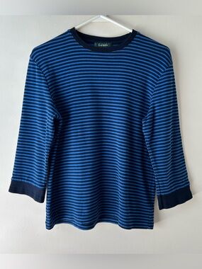 Vintage Lauren Ralph Lauren 100% Cotton 3/4 Sleeve Striped T-Shirt Top Blue L